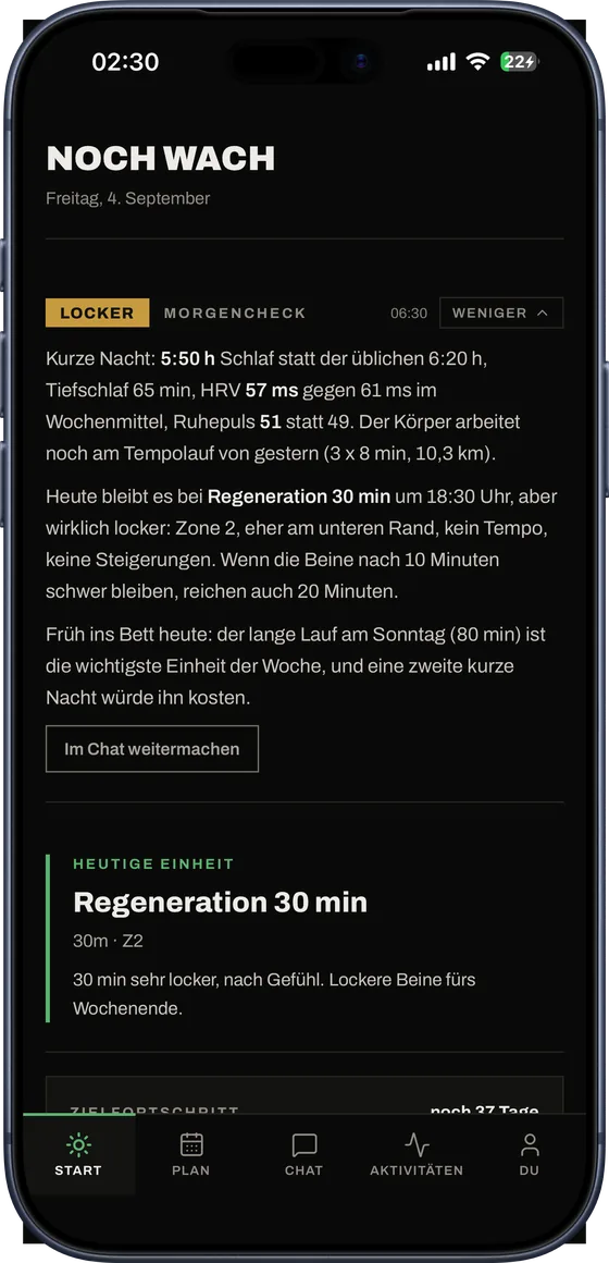 Dein Schlaf redet mit. Schlaf, HRV und Ruhepuls, gemessen an deinem eigenen Normalbereich.