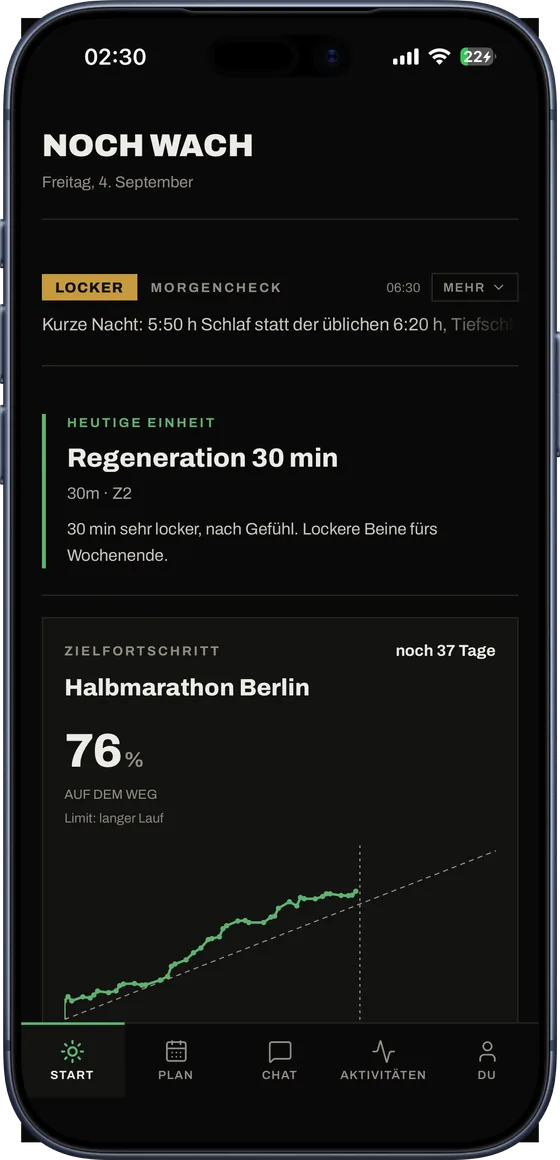 Jeden Morgen: los, locker oder Pause. Der Coach liest Schlaf, Erholung und deine Woche, bevor du losläufst.